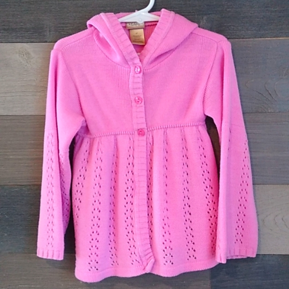 💗Arizona Girls Hooded Sweater. Flowy Crocheted Look. Sz 4T Pink, 3 button